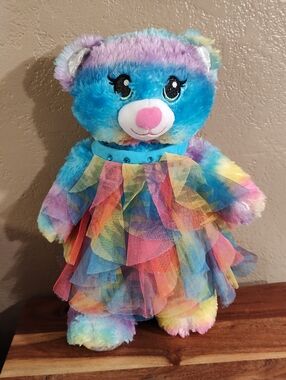 Rainbow Build-A-Bear with Pink Nose in Flouncy Rainbow Dress